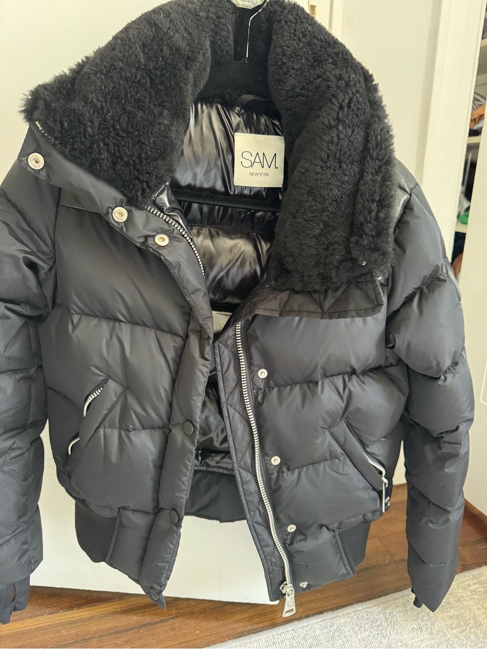 SAM. Black Puffer Jacket with Shearling Collar